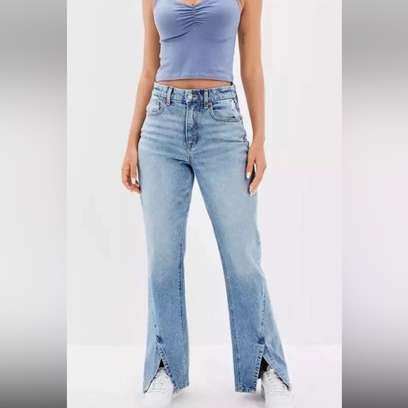 American Eagle 90s Bootcut Denim Jeans Split Hem Hi-Rise Blue Y2K Size 10 - Picture 14 of 15